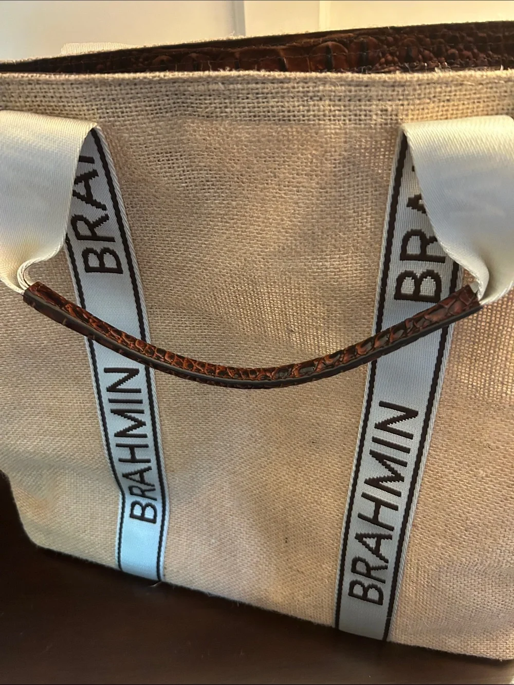 Brahmin Natural Jute Tote with Brown Trim and White Branded Webbing